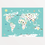 Dieren Wereldkaart Poster, Blauw