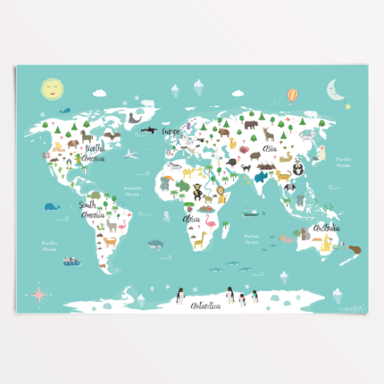 Dieren Wereldkaart Poster, Blauw