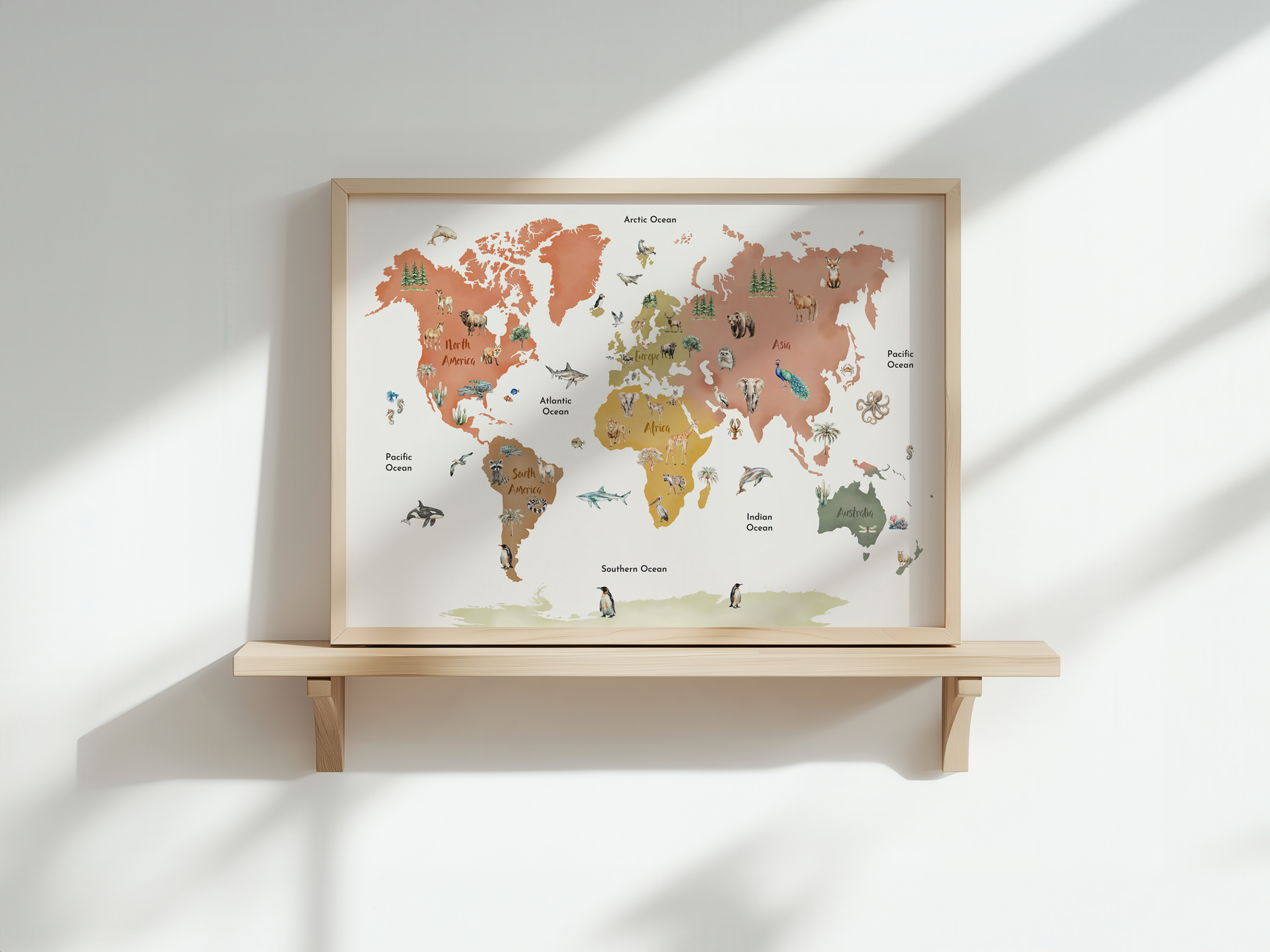 mockup on the sh Wereldkaart Poster met Dieren, World Map - Afbeelding 1